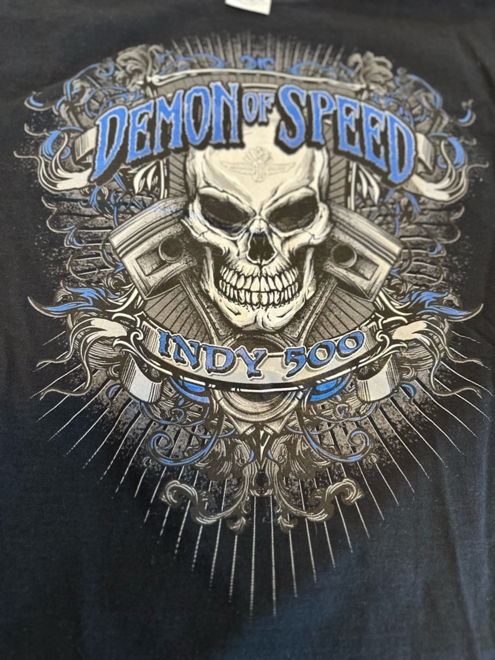 Jerzees Y2K Black Sz: M Demon of Speed Indy 500 Skull Flame Spellout Tee.